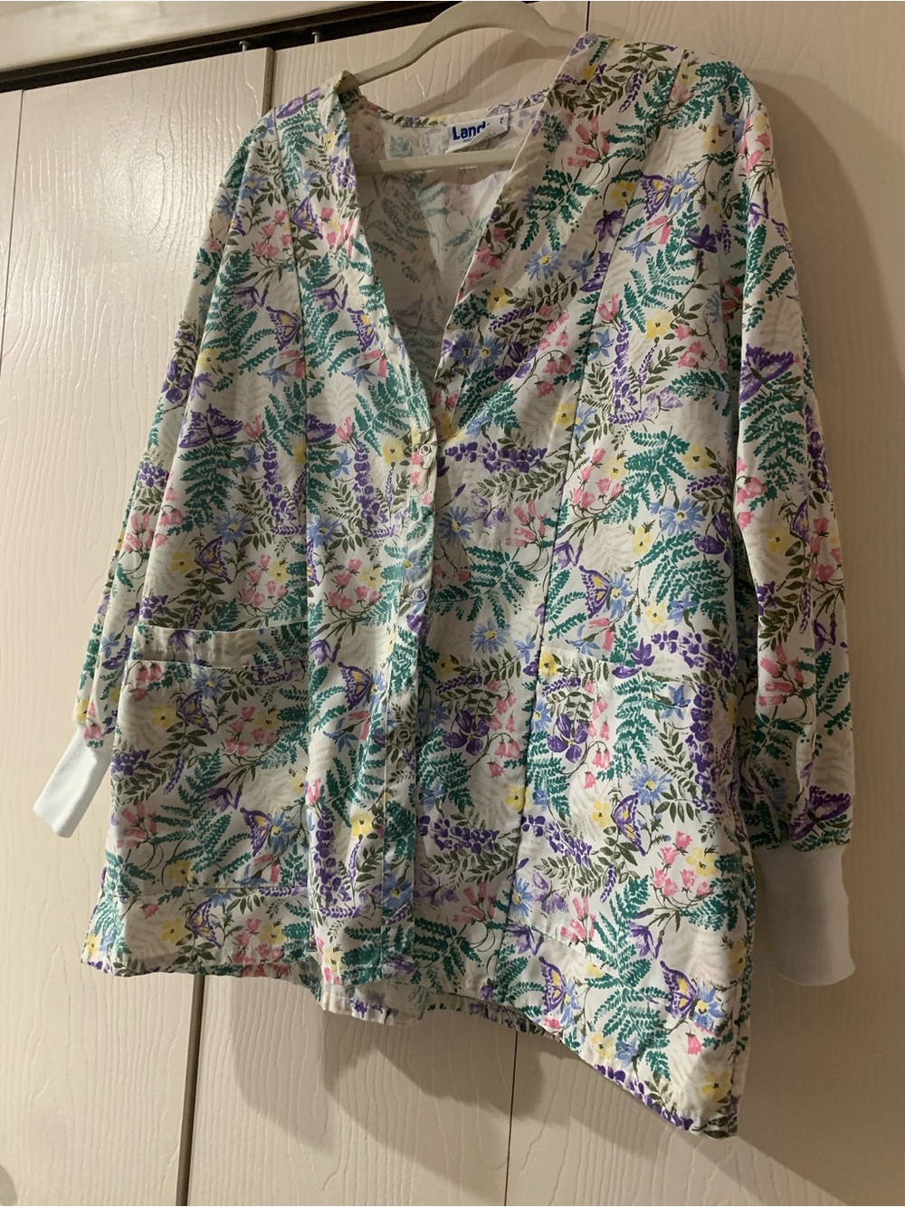 Floral Print Women's Srcub Jacket - Cream with Green & Purple